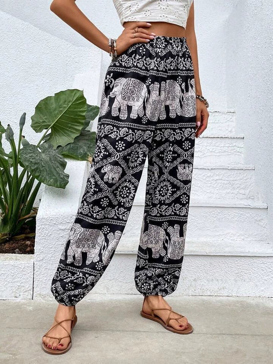 Women's Harem Trousers - Bohemian Elephant Print - Loose Fit - Elastic Waist & Cuffs