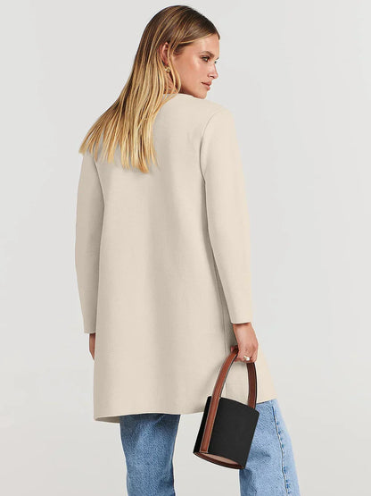 Women’s Knee-Length Coat – Wool Blend – Relaxed Fit – Wide Lapel – Patch Pockets