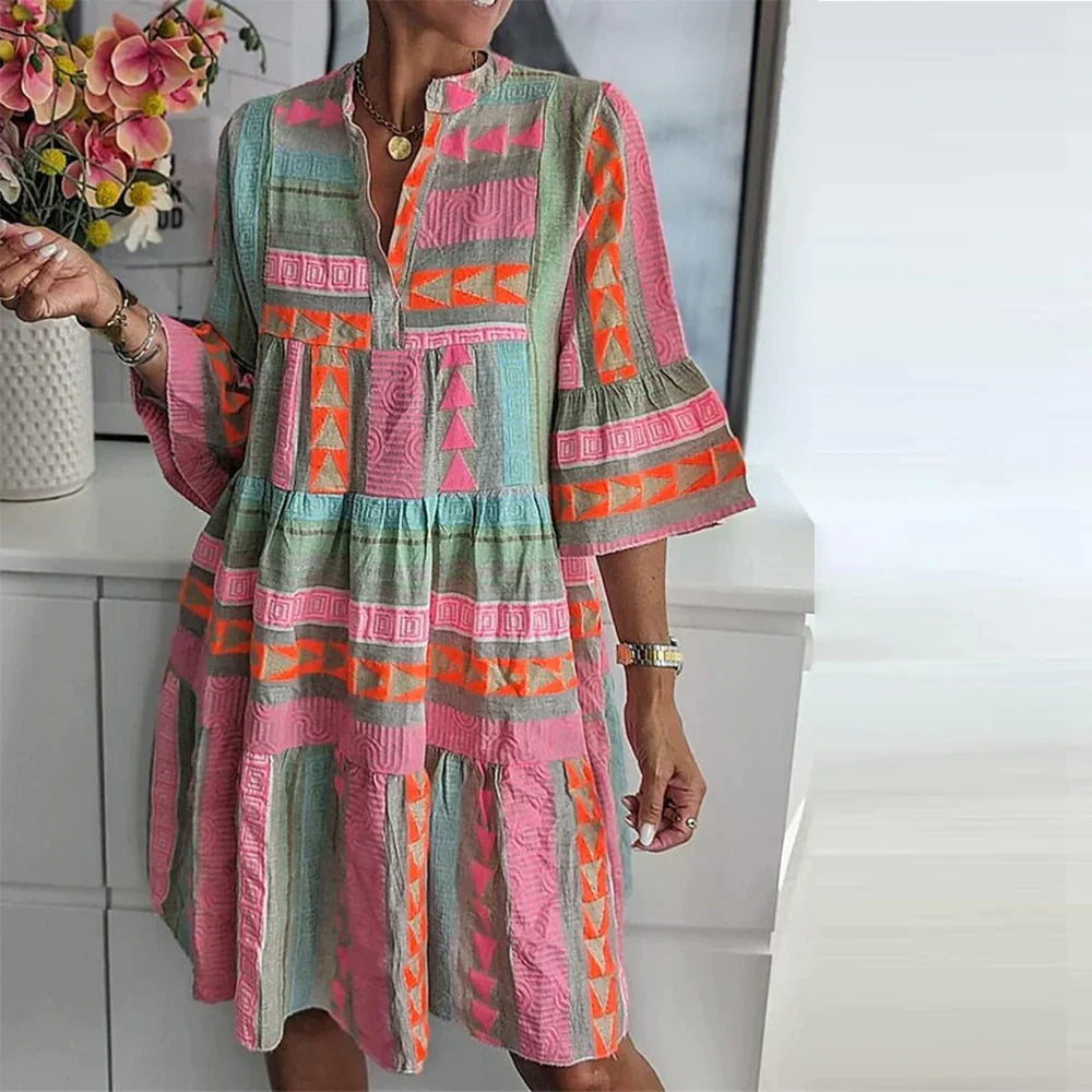 Women's Boho Midi Dress - Loose Fit - Three-Quarter Sleeve - Lightweight Geometric Design