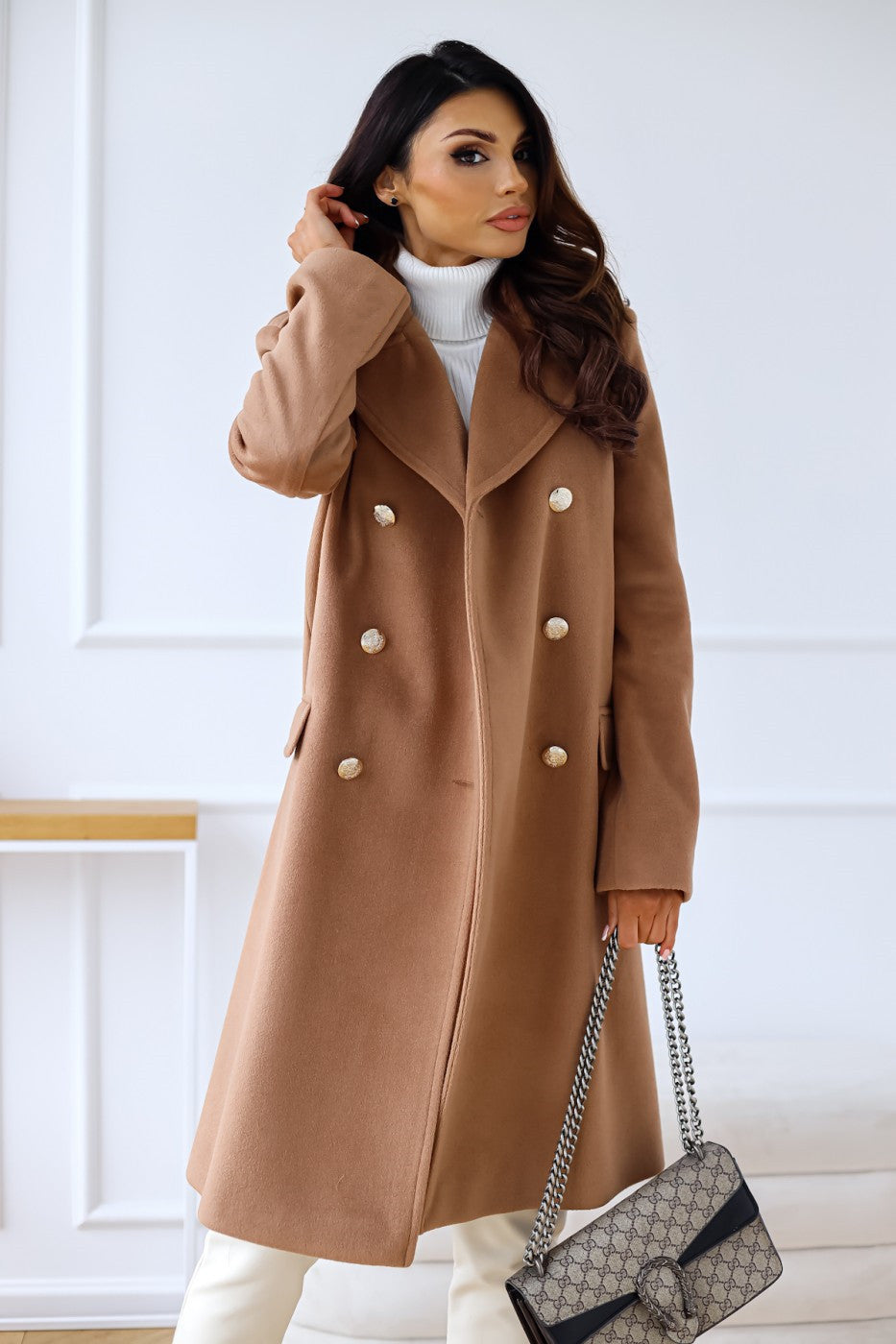 Women's lapel collar long sleeve double-breasted jacket