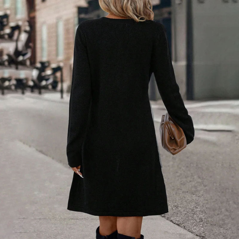 Women's Knit Dress - Color Block Design - Long Sleeve - Relaxed Fit - Knee Length