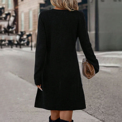 Women's Knit Dress - Color Block Design - Long Sleeve - Relaxed Fit - Knee Length
