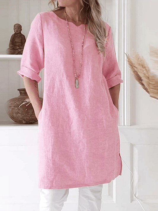Women's Tunic Dress - Breathable Linen - Relaxed Fit - 3/4 Sleeve with Pockets