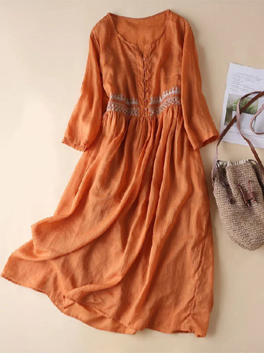 Women’s Midi Dress – Natural Fibers – Loose Fit – Embroidered – V-Neck – 3/4 Sleeve