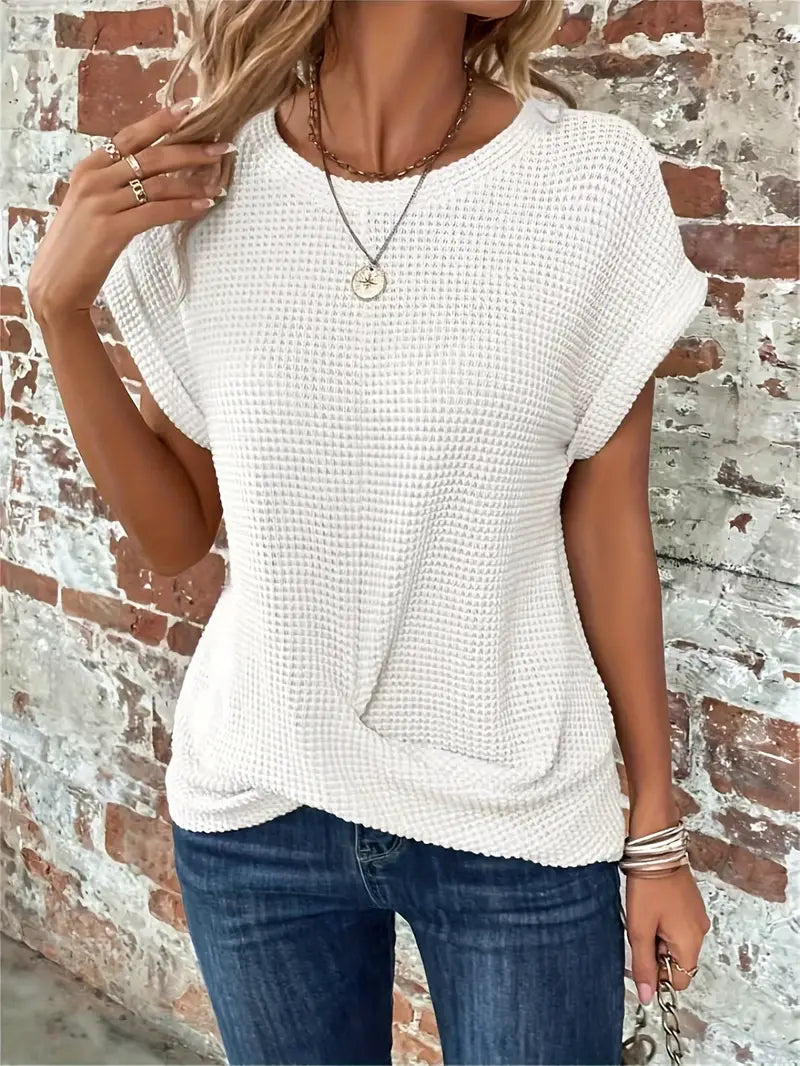 Women's Knit Top - Waffle Texture - Loose Fit - Round Neck - Breathable Casual Wear