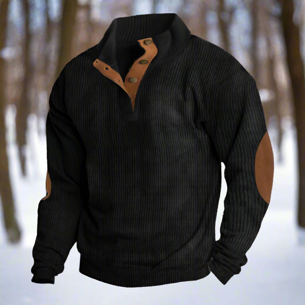 Men’s Knitted Sweater – Wool Blend – Relaxed Fit – Ribbed – Elbow Patches – Button Neck