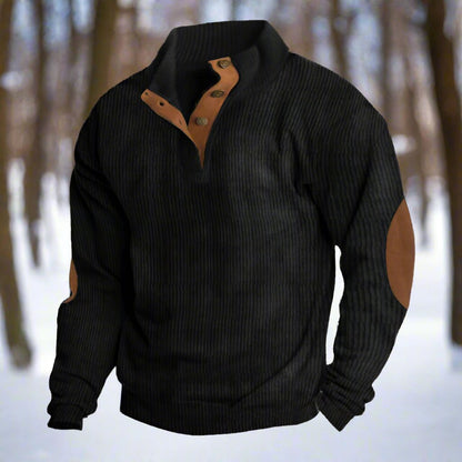 Men’s Knitted Sweater – Wool Blend – Relaxed Fit – Ribbed – Elbow Patches – Button Neck