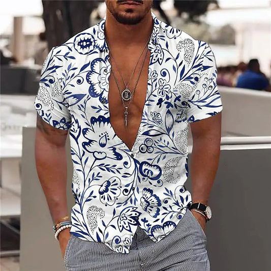 Men’s Short Sleeve Shirt – Slim Fit – Breathable Blend – V-Neck – Bold Floral Print