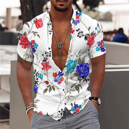 Men’s Short Sleeve Shirt – Slim Fit – Breathable Blend – V-Neck – Bold Floral Print