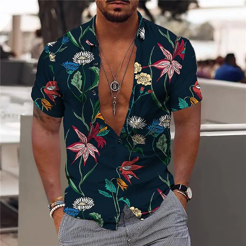Men’s Short Sleeve Shirt – Slim Fit – Breathable Blend – V-Neck – Bold Floral Print