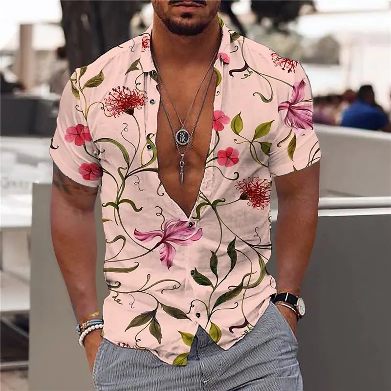 Men’s Short Sleeve Shirt – Slim Fit – Breathable Blend – V-Neck – Bold Floral Print