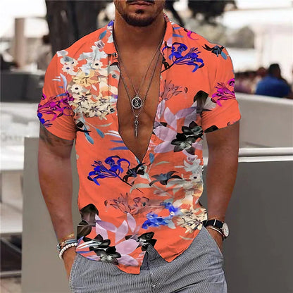 Men’s Short Sleeve Shirt – Slim Fit – Breathable Blend – V-Neck – Bold Floral Print