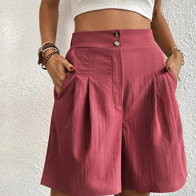 Women's High-Waisted Shorts - Pleated Design - Lightweight Flowy Fabric - Button Front