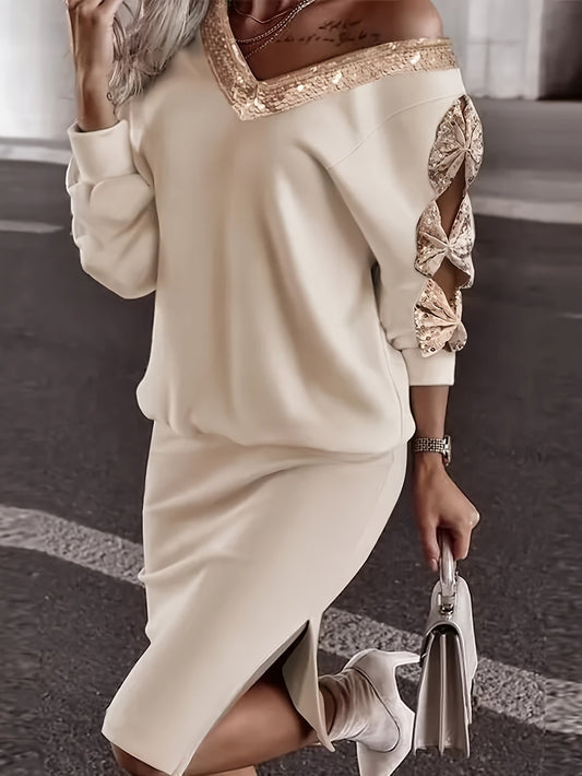 Women's Midi Dress - Off-Shoulder Sequin Detail - Bow Sleeve Detail - Fitted Pencil Skirt