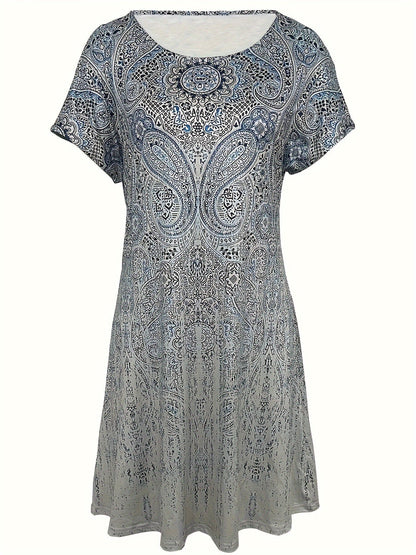 Women’s Mini Dress – Relaxed Fit – Breathable Blend – Short Sleeve – Round Neckline