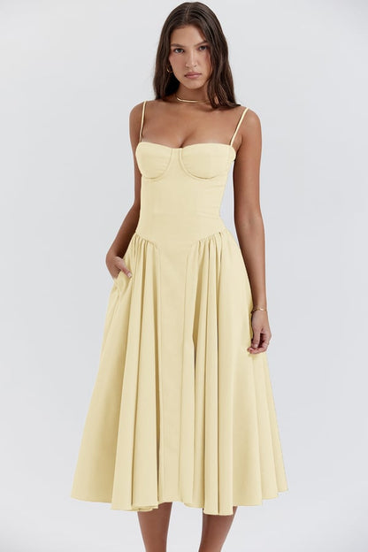 Women’s Midi Dress – Corset Bodice – A-Line Fit – Spaghetti Straps – Soft Fabric