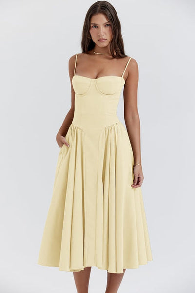 Women’s Midi Dress – Corset Bodice – A-Line Fit – Spaghetti Straps – Soft Fabric