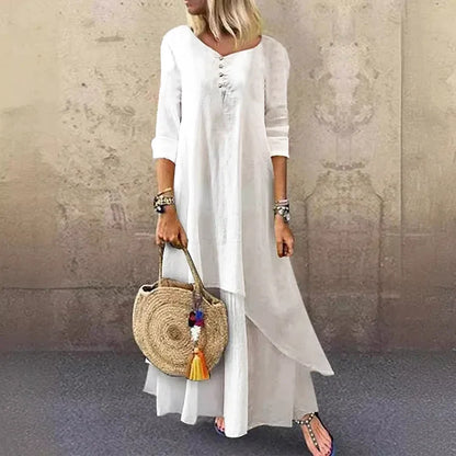 Women’s Midi Dress – Relaxed Fit – Natural Fibers – Asymmetrical Hem – 3/4 Sleeve