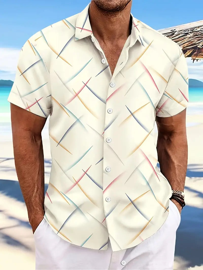 Men’s Short-Sleeve Button-Up Shirt - Casual Fit - Lightweight Breathable Fabric - Abstract Pattern