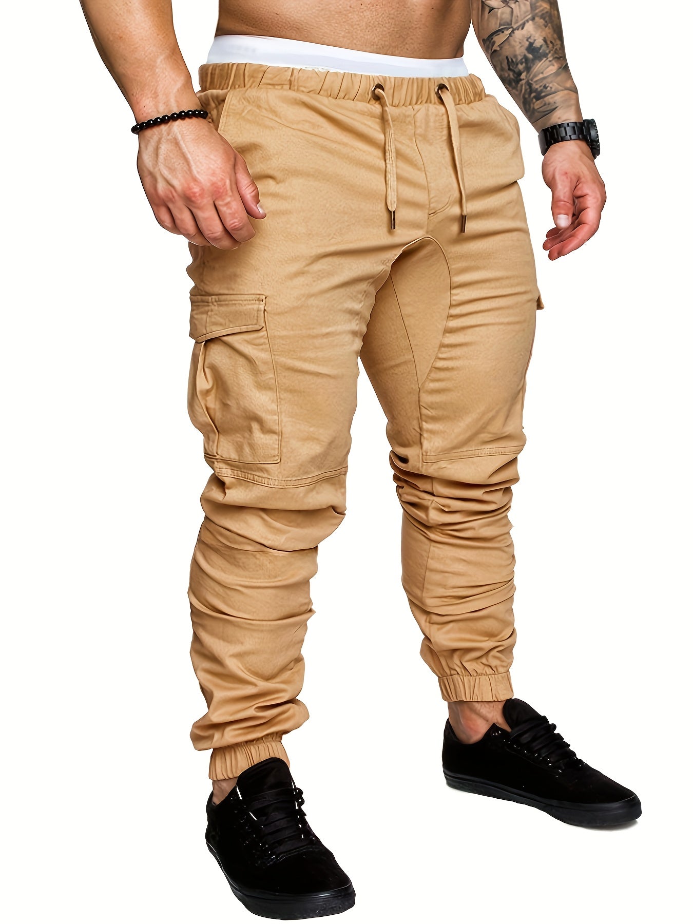 Men's Cargo Joggers - Elastic Waist - Tapered Fit - Multiple Pockets - Casual Wear