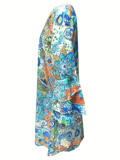 Women's Dress - V-Neck - Long Sleeve - Flowy Lightweight Paisley Boho Style