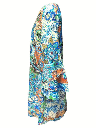 Women's Dress - V-Neck - Long Sleeve - Flowy Lightweight Paisley Boho Style