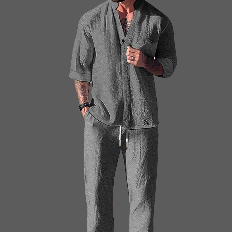 Men’s Loungewear Set – Cotton Linen Blend – V-Neck Long Sleeve Top & Drawstring Trousers