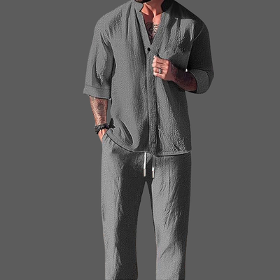 Men’s Loungewear Set – Cotton Linen Blend – V-Neck Long Sleeve Top & Drawstring Trousers