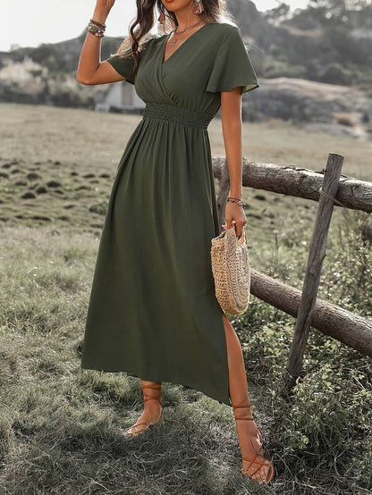 Women’s Midi Dress – V-Neck Wrap – Relaxed A-Line Fit – Short Sleeve – Breathable Blend