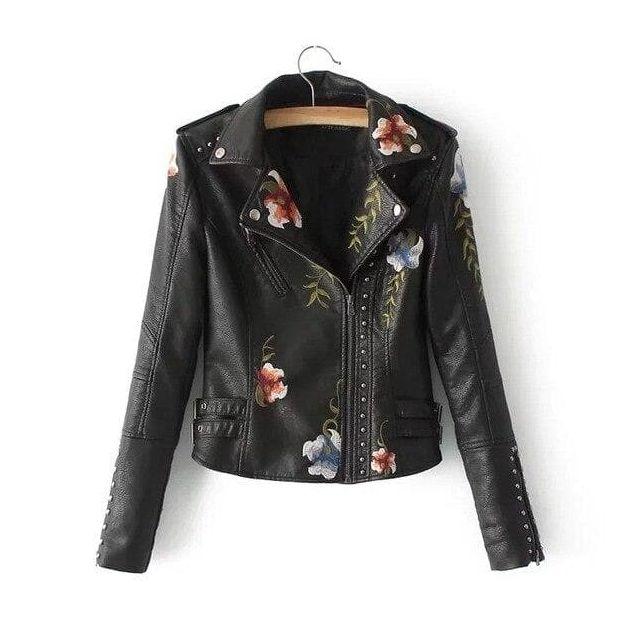 Women's casual leather jacket with floral design