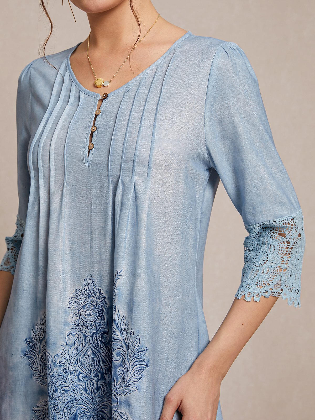 Women's Dress - Knee-Length - Three-Quarter Sleeve - Lace & Embroidery - V-Neck Button-Up