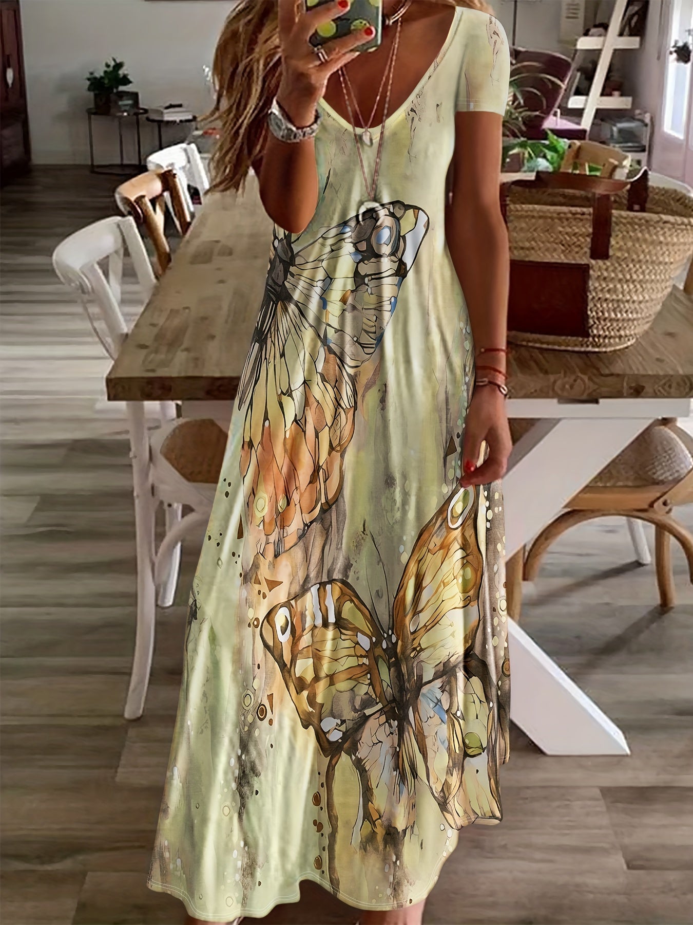 Women's Maxi Dress - Sleeveless V-Neck - Flowing Fit - Bold Butterfly Print