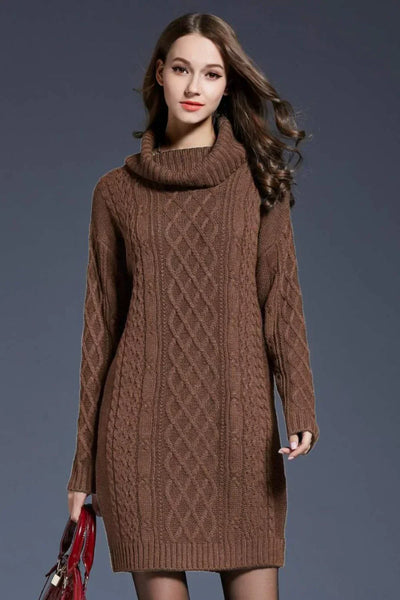 Women's Cable Knit Sweater Dress - Wool Blend - Cowl Neck - Long Sleeve - Relaxed Fit
