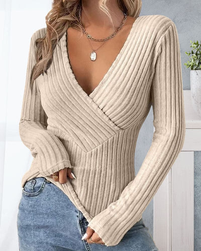 Women's Ribbed Wrap Sweater - V-Neck Crisscross Design - Long Sleeve Form-Fitting Knit