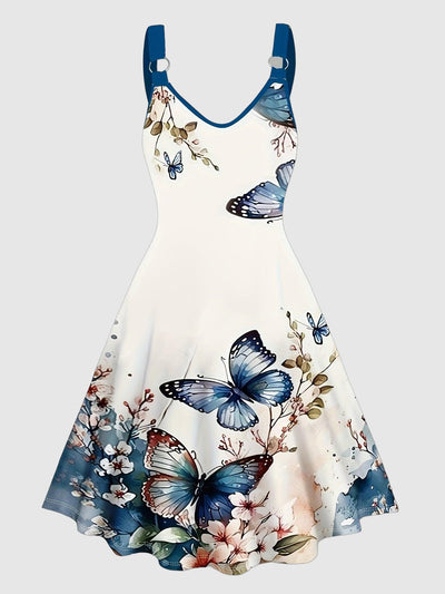 Sleeveless Butterfly Print V-Neck Dress with Ring Detail for Women