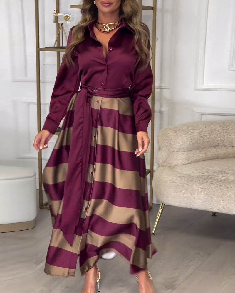 Women's Maxi Shirt Dress - Button-Up Long Sleeve - Striped Flowing Skirt - Belted Waist