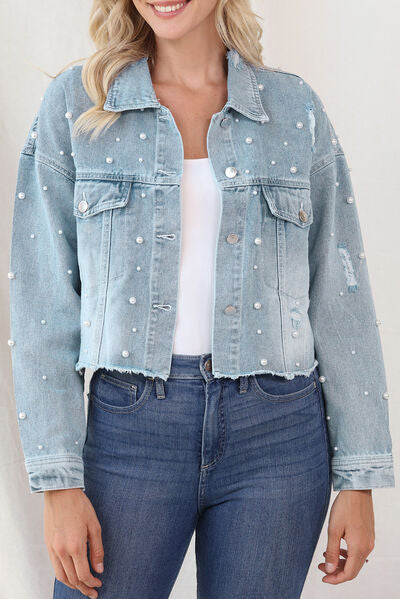 Women's denim jacket with raw hem and pearl trim