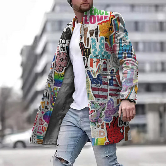 Men’s Graphic Coat – Tailored Fit – Long Length – Open Front – Seam Pockets
