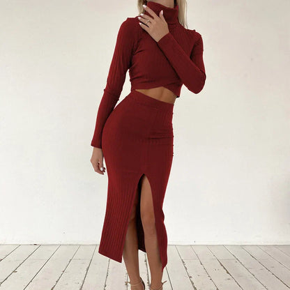 Women’s Ribbed Knit Two-Piece Set – Long-Sleeve Crop Top – High-Waisted Midi Skirt with Front Slit