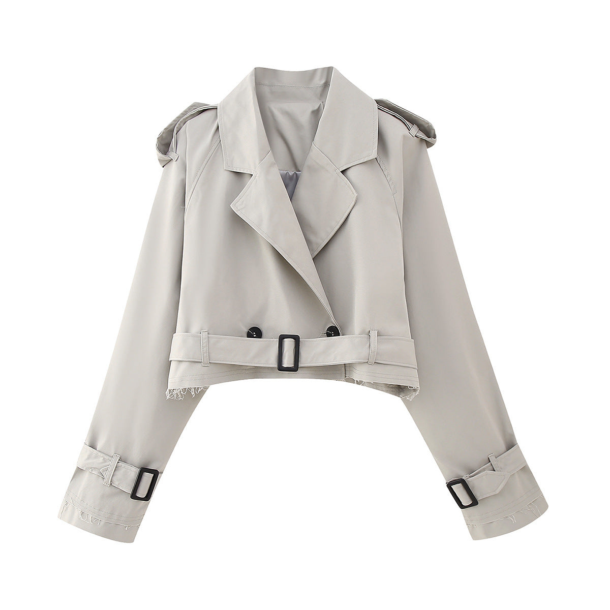 Women’s Cropped Trench Coat – Relaxed Fit – Double-Breasted – Belted Cuffs – Boxy Silhouette