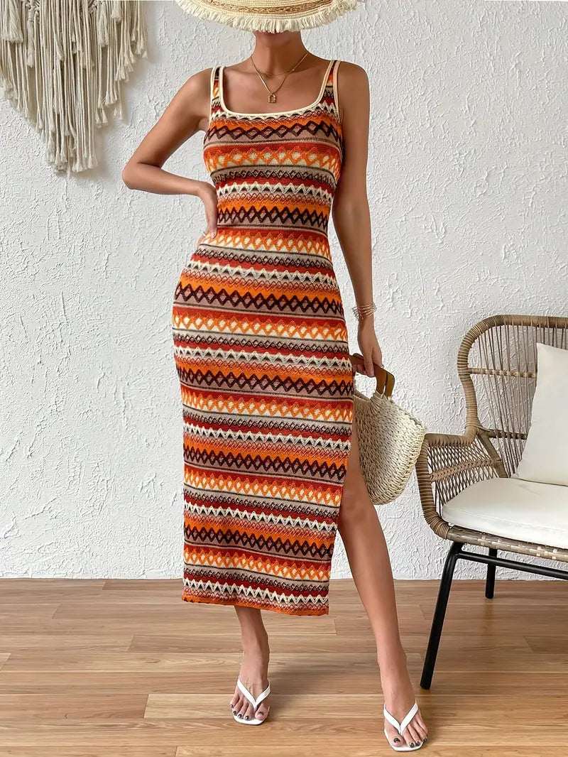 Women's Sleeveless Knit Dress - Fitted Stretch - Scoop Neck - Side Slit Maxi Length