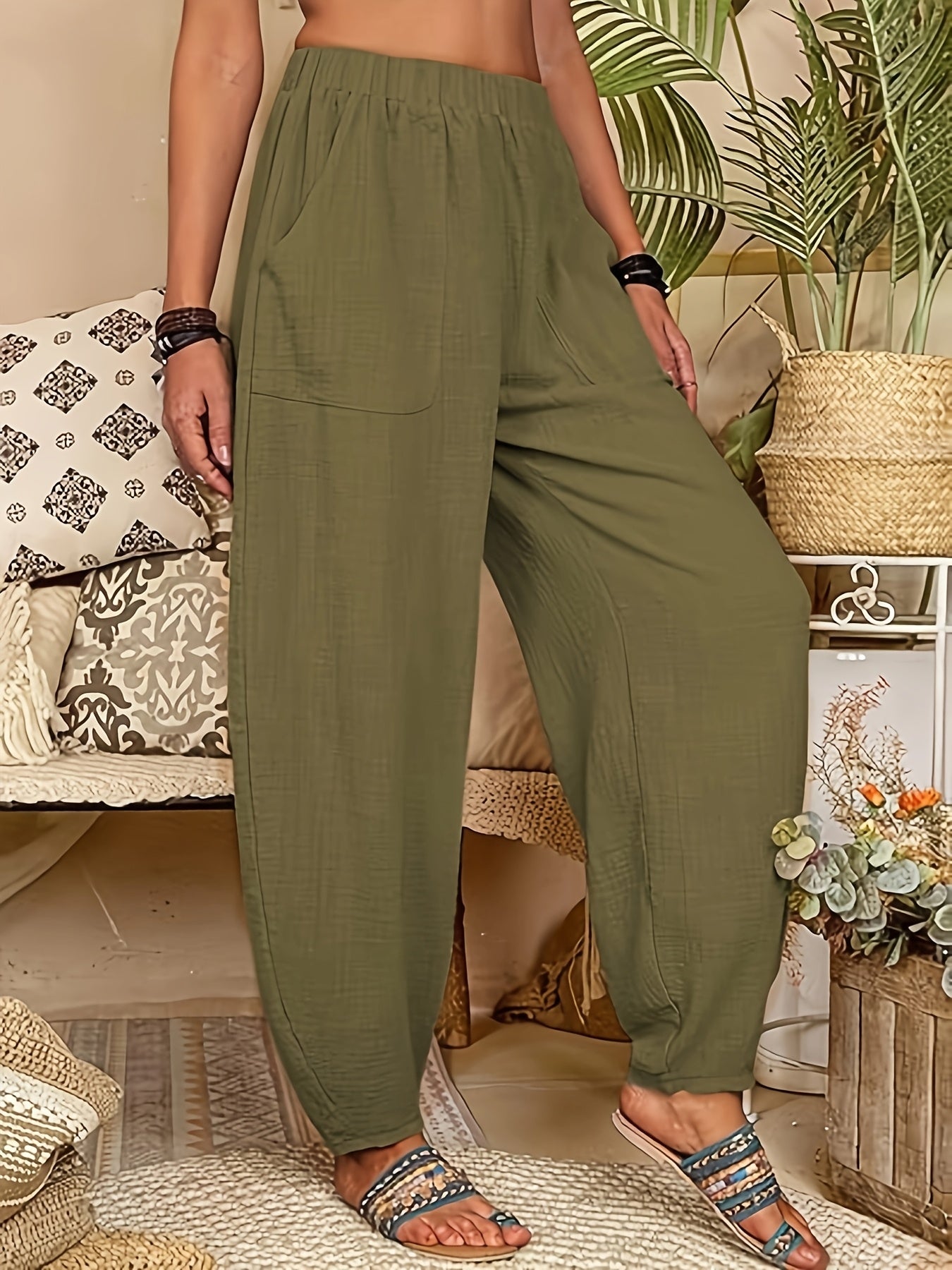 Women's Trousers - Relaxed Fit - Elastic Waist - Lightweight & Breathable - Pocket Detail