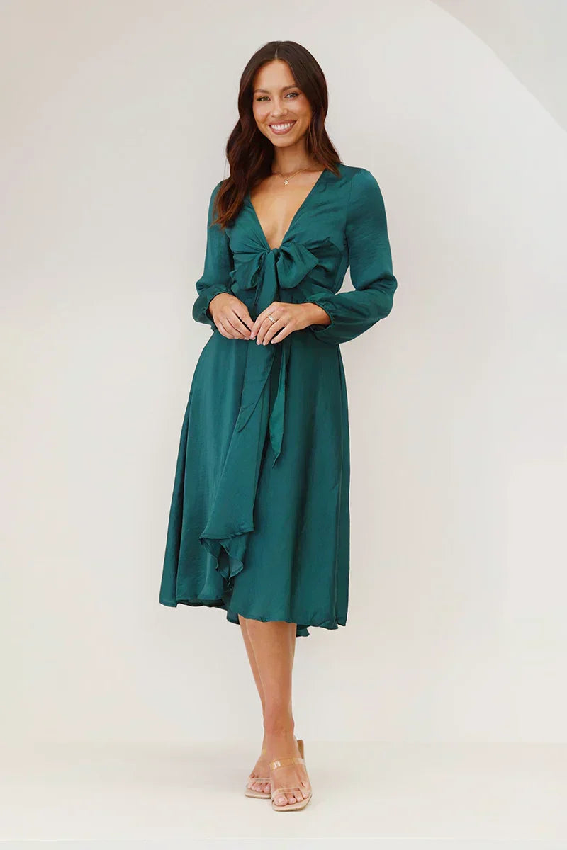 Women’s Midi Dress – Satin Finish – Fitted Bodice – Bow Front – Long Sleeve V-Neck