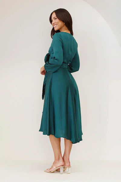 Women’s Midi Dress – Satin Finish – Fitted Bodice – Bow Front – Long Sleeve V-Neck