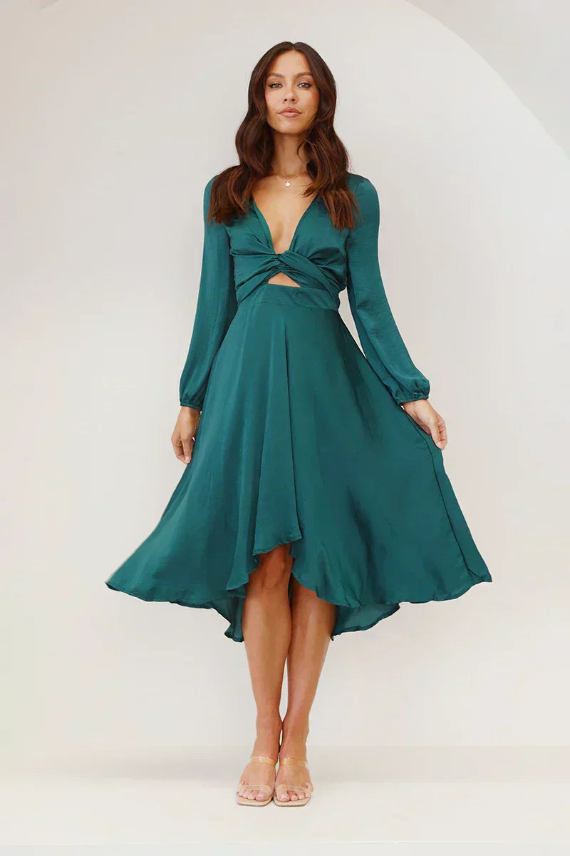 Women’s Midi Dress – Satin Finish – Fitted Bodice – Bow Front – Long Sleeve V-Neck