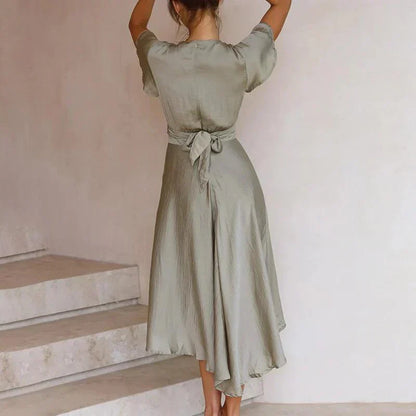 Women's Dress - V-Neck Knotted Waist - Short Flutter Sleeve - Flowy A-Line Hem
