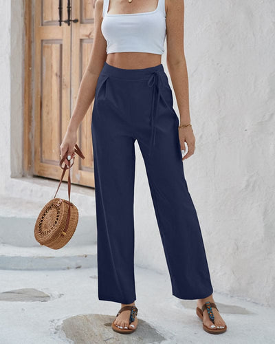 Women's Wide-Leg Trousers - High Waist - Tie-Up Waistband - Lightweight & Flattering