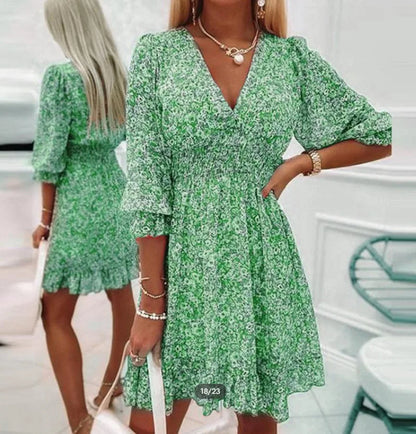 Women’s Mini Dress – Relaxed Fit – V-Neck – Ruffle Hem – Breathable Blend