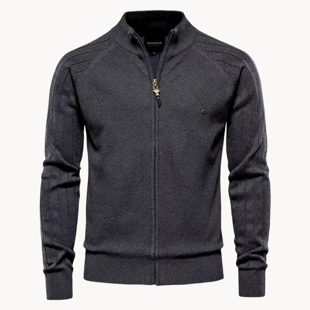 Men’s Jacket – Slim Fit – Knitted Wool Blend – Zip-Up – Ribbed Trim – Herringbone Pattern
