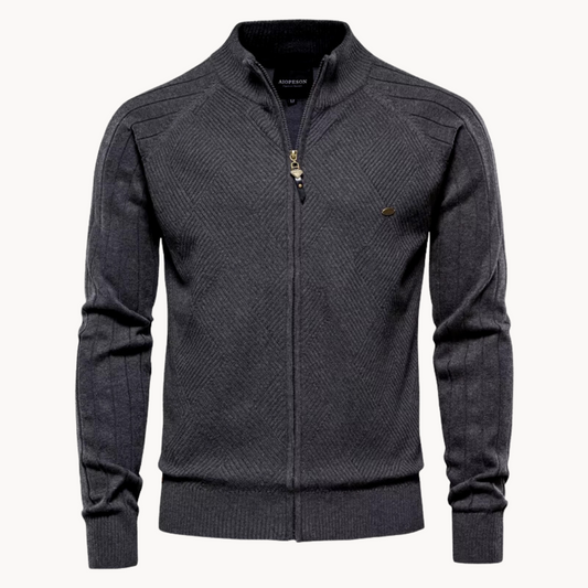 Men’s Jacket – Slim Fit – Knitted Wool Blend – Zip-Up – Ribbed Trim – Herringbone Pattern
